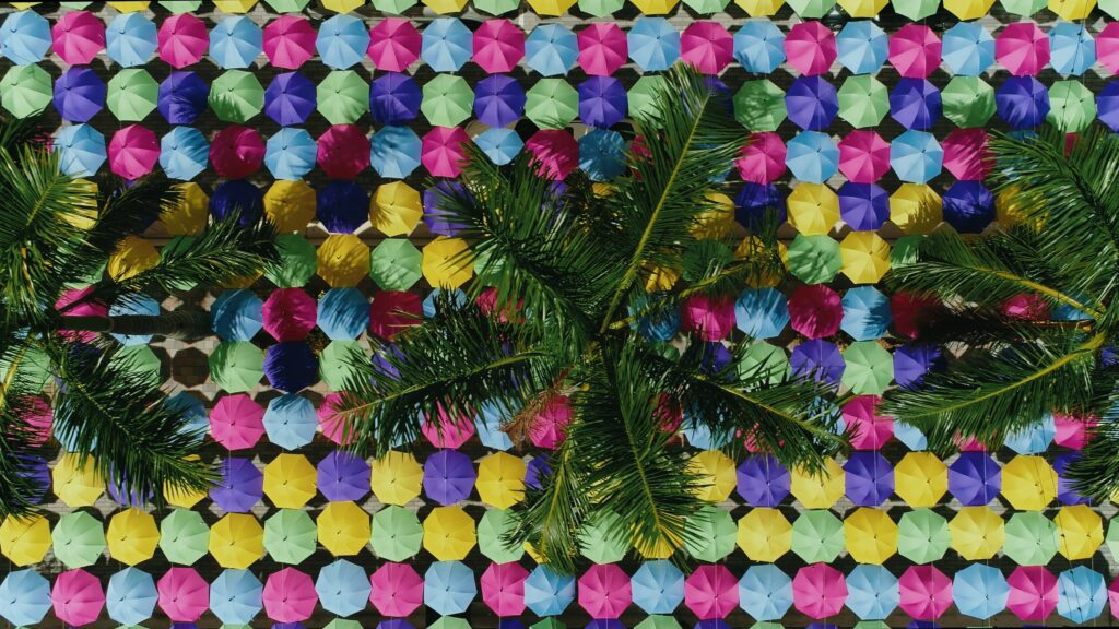 Aerial (drone) shot of umbrellas at CityPlace Doral